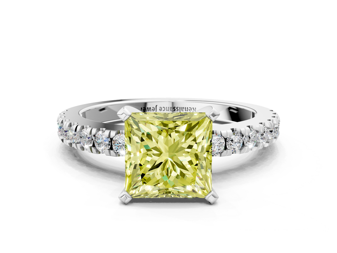 White gold Fancy Yellow Princess  Solitaire Diamond with Pavé Band and Four-Prong Setting