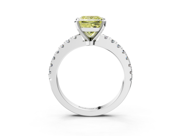Platinum Fancy Yellow Princess  Solitaire Diamond with Pavé Band and Four-Prong Setting