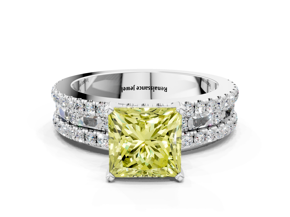 White gold Fancy Yellow Princess  Solitaire Diamond with Pave and Channel Set Band