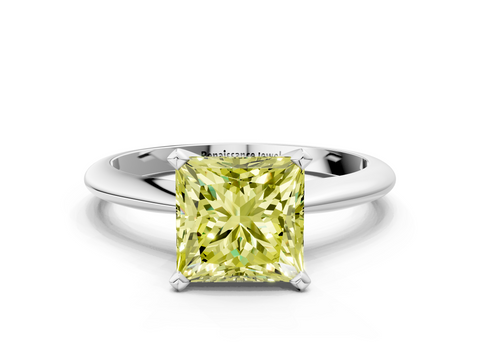 White gold Fancy Yellow Princess  Solitaire Engagement Ring with Classic Band and Four-Prong Setting
