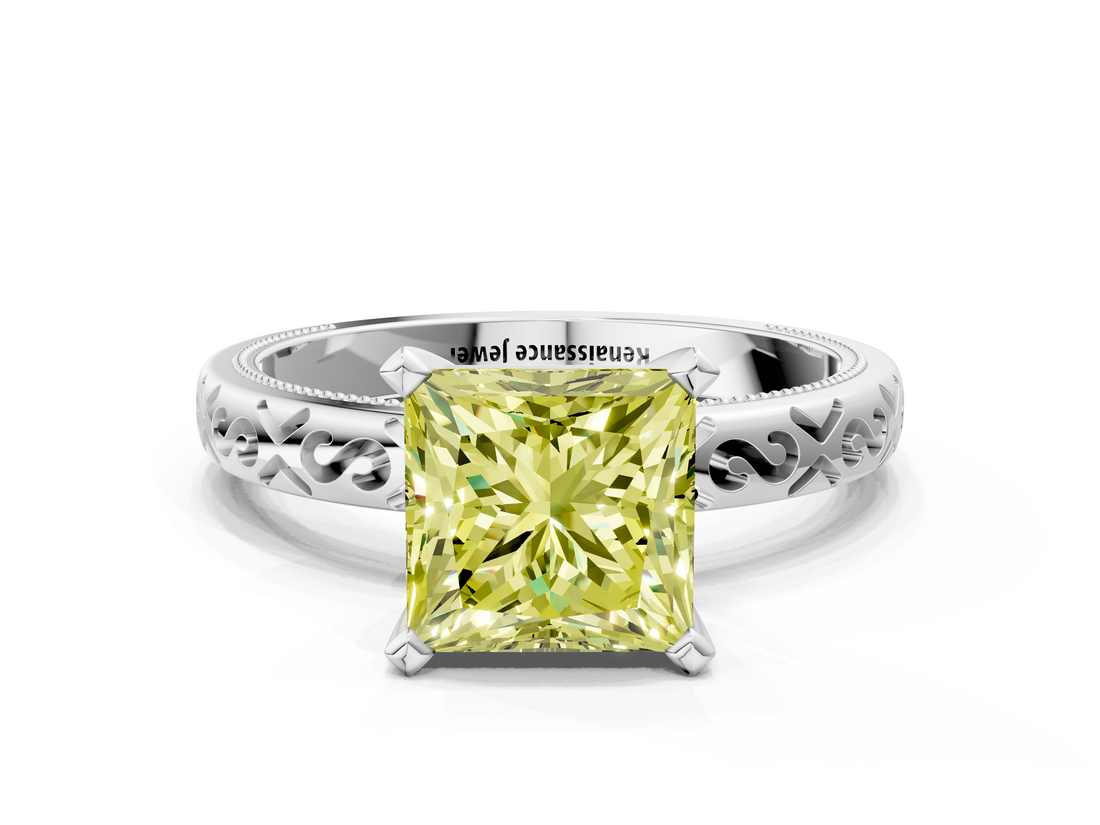 White gold Fancy Yellow Princess  Solitaire Engagement Ring with Scrollwork Band and Four-Prong Setting