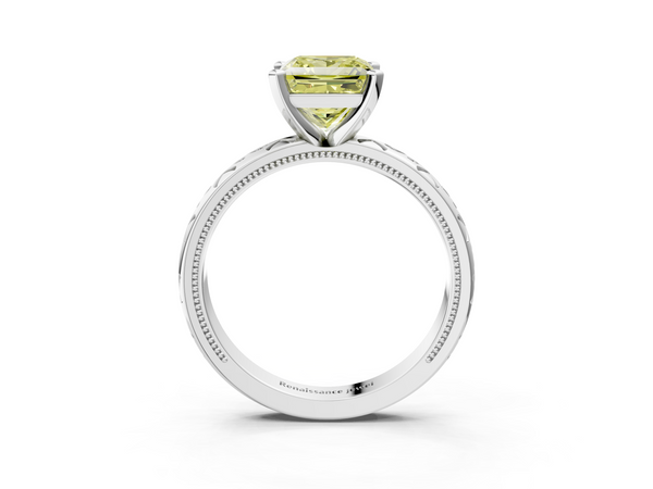 White gold Fancy Yellow Princess  Solitaire Engagement Ring with Scrollwork Band and Four-Prong Setting