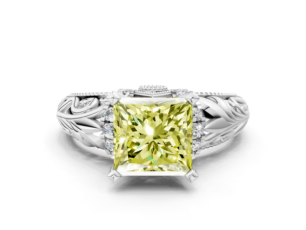 Platinum Fancy Yellow Princess  Solitaire Filigree Engagement Ring with Halo and Prong Setting