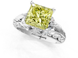 White gold Fancy Yellow Princess  Solitaire Filigree Engagement Ring with Halo and Prong Setting_1