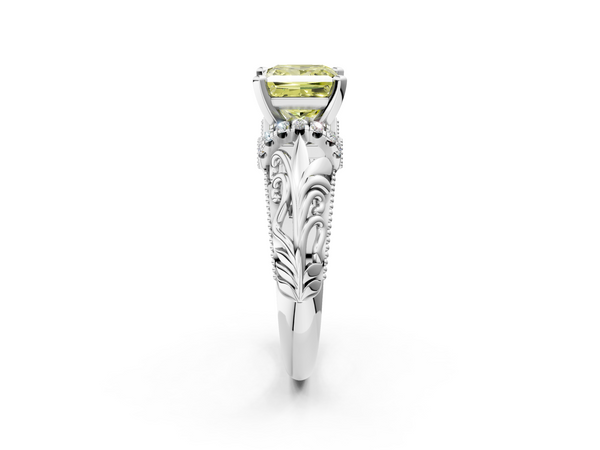 Platinum Fancy Yellow Princess  Solitaire Filigree Engagement Ring with Halo and Prong Setting