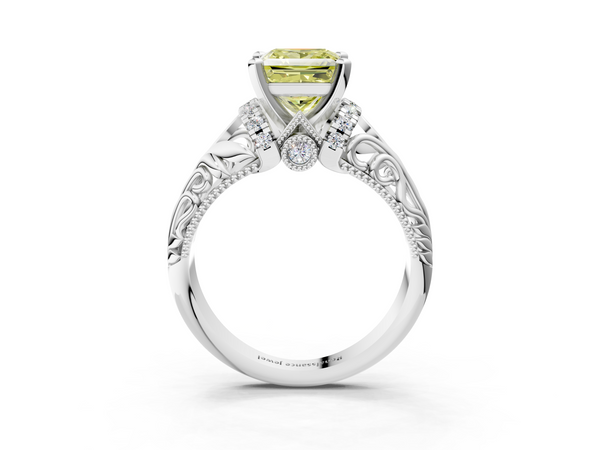 Platinum Fancy Yellow Princess  Solitaire Filigree Engagement Ring with Halo and Prong Setting