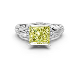 White gold Fancy Yellow Princess  Solitaire Filigree Engagement Ring with Halo and Prong Setting