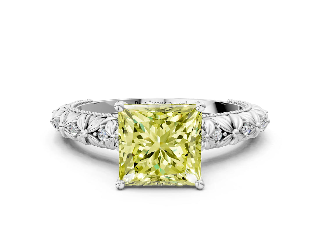 White gold Fancy Yellow Princess  Solitaire Floral Milgrain Engagement Ring_49