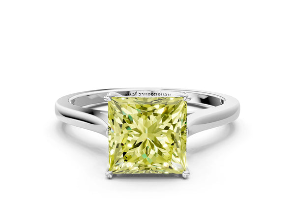 White gold Fancy Yellow Princess  Solitaire Heart Prong Engagement Ring with Tapered Band