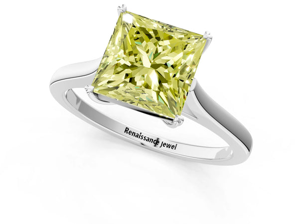 White gold Fancy Yellow Princess  Solitaire Heart Prong Engagement Ring with Tapered Band