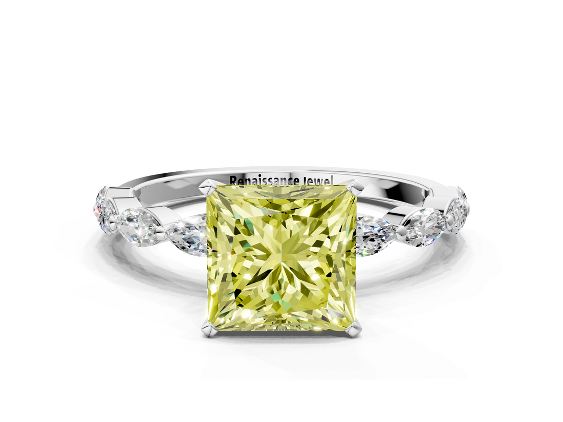 White gold Fancy Yellow Princess  Solitaire Marquise Side Stone Prong Setting Ring