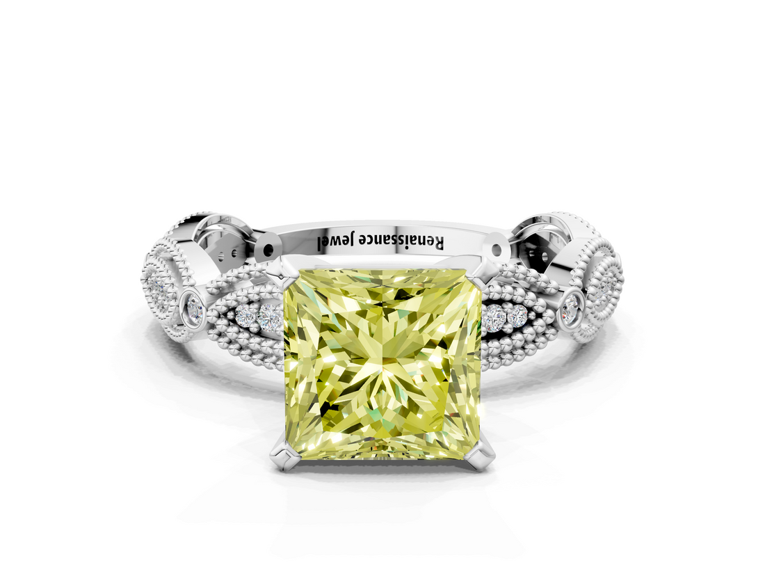 White gold Fancy Yellow Princess  Solitaire Milgrain Diamond Engagement Ring with Bezel and Marquise Band