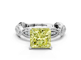 White gold Fancy Yellow Princess  Solitaire Milgrain Diamond Engagement Ring with Bezel and Marquise Band