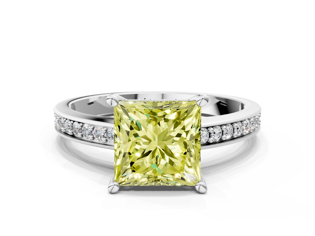 White gold Fancy Yellow Princess  Solitaire Pavé Band Prong Setting Ring
