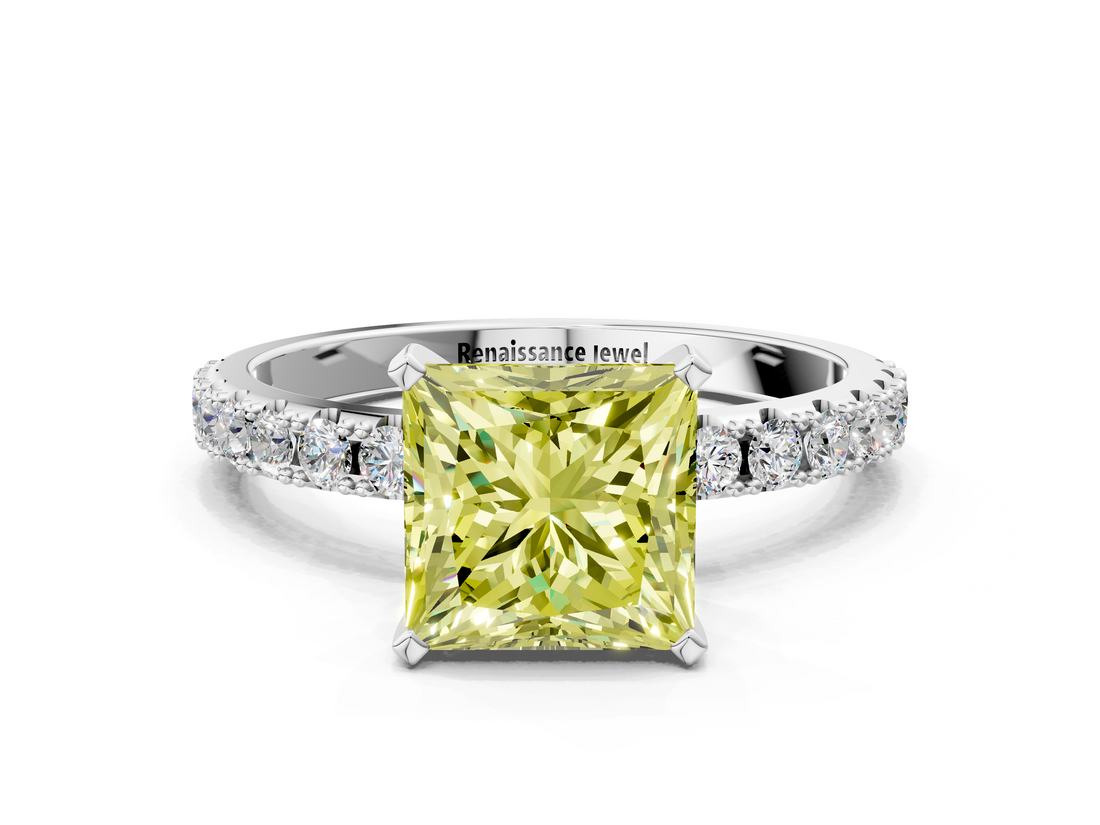 White gold Fancy Yellow Princess  Solitaire Pavé Band with Four-Prong Setting