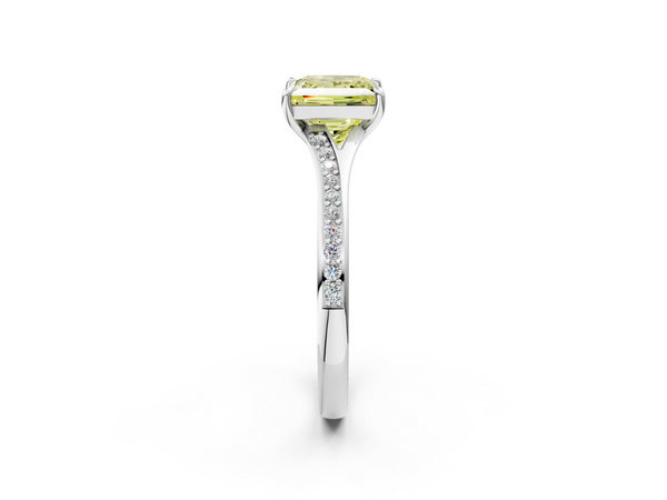 White gold Fancy Yellow Princess Cut Diamond Solitaire Ring with Pavé Band and Prong Setting