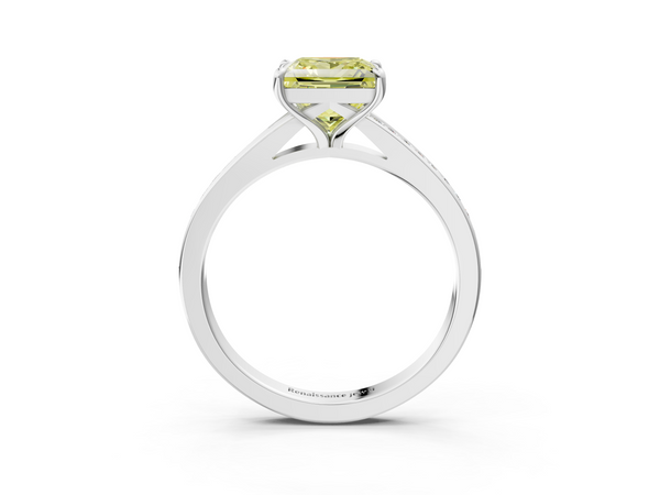 White gold Fancy Yellow Princess Cut Diamond Solitaire Ring with Pavé Band and Prong Setting