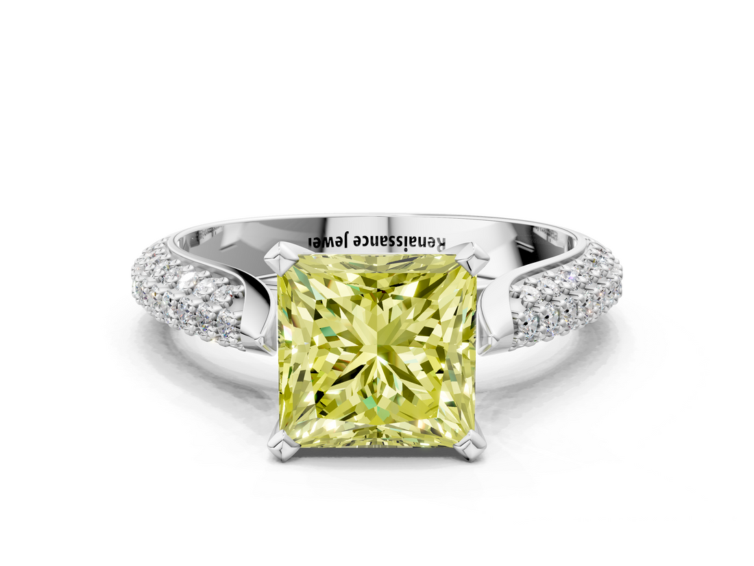 White gold Fancy Yellow Princess  Solitaire Pavé Diamond Engagement Ring with Four-Prong Setting