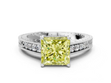 White gold Fancy Yellow Princess  Solitaire Pavé Diamond Milgrain Engagement Ring with Four-Prong Setting