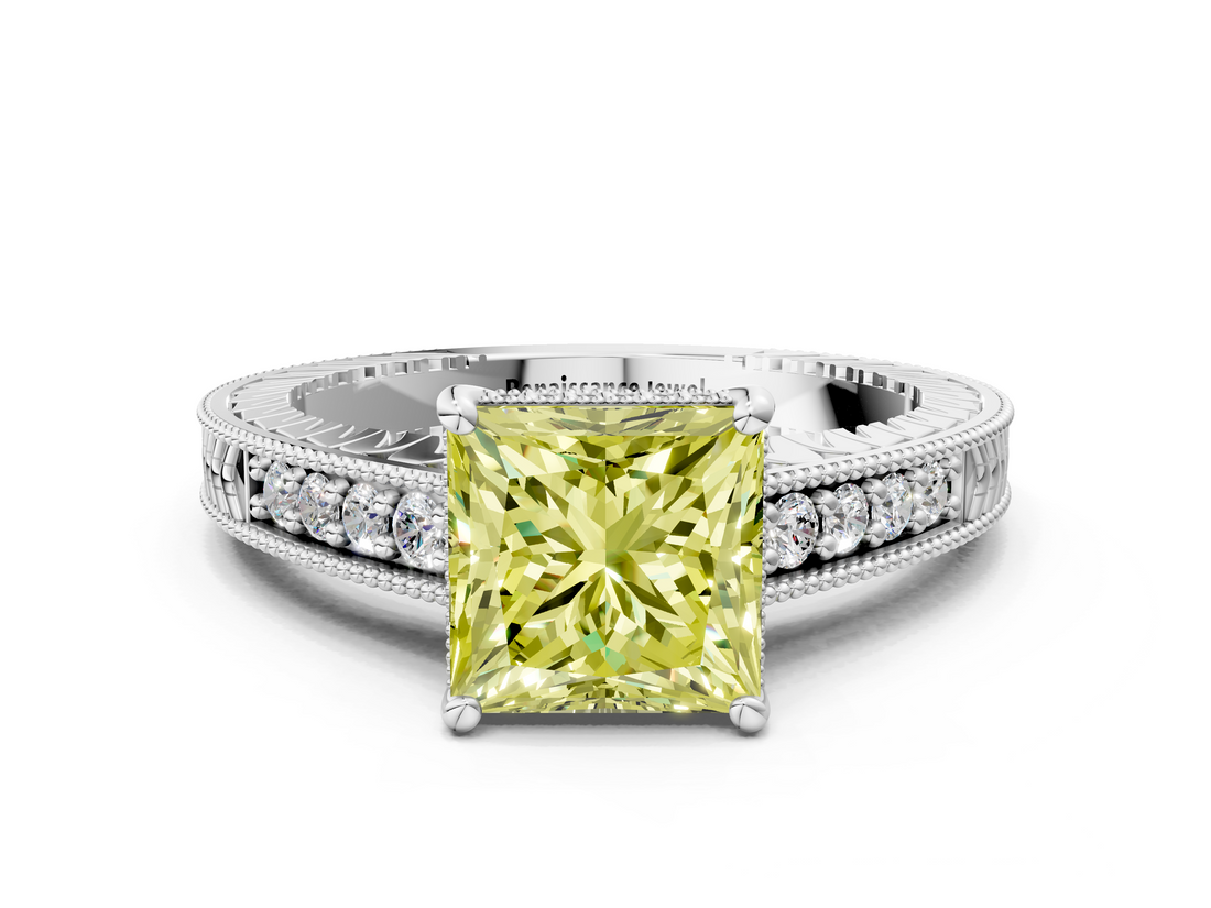 White gold Fancy Yellow Princess  Solitaire Pavé Diamond Milgrain Engagement Ring with Four-Prong Setting
