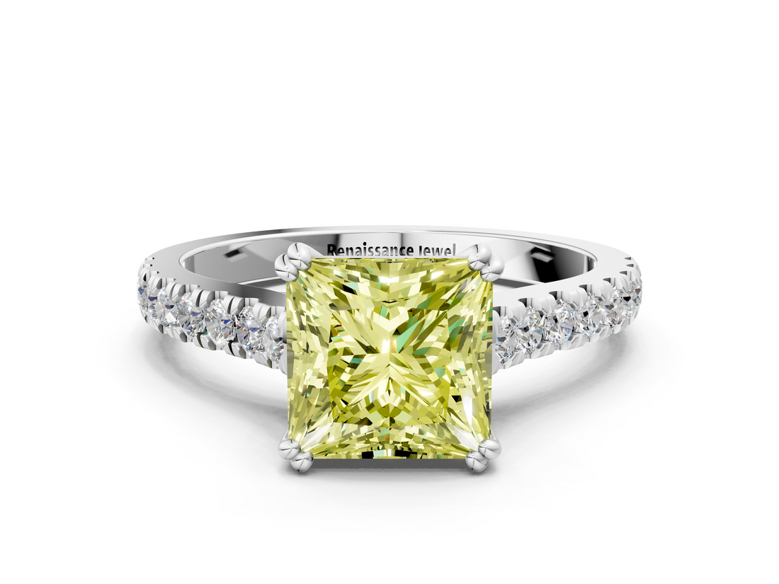White gold Fancy Yellow Princess  Solitaire Pave Diamond Engagement Ring with Prong Setting