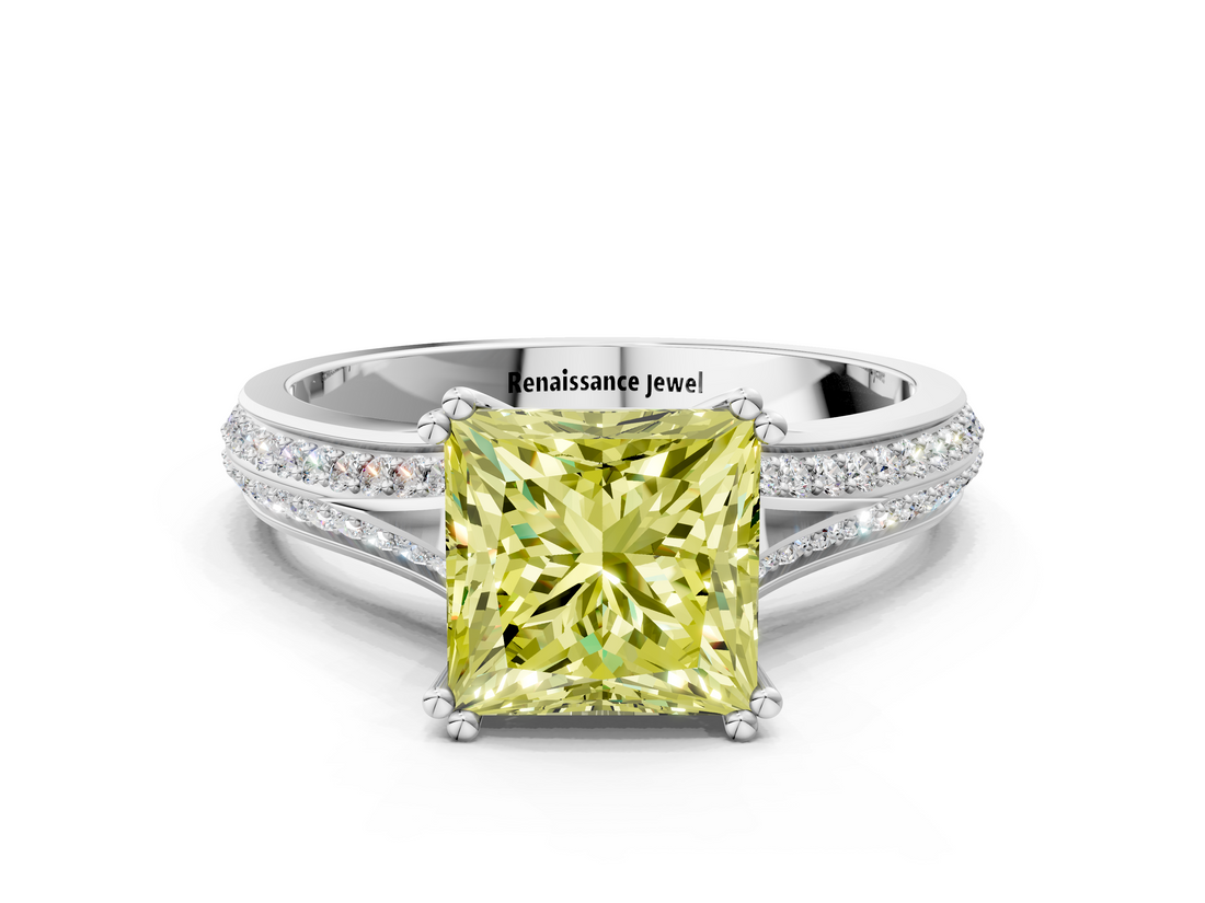 White gold Fancy Yellow Princess  Solitaire Pave Split Shank Engagement Ring with Six-Prong Setting