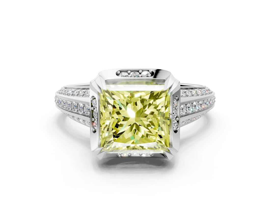 White gold Fancy Yellow Princess  Solitaire Pave Split Shank Ring with Four-Prong Setting_117