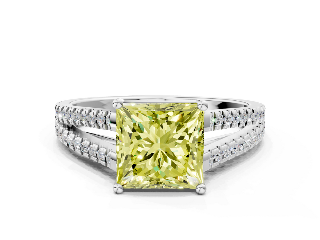 White gold Fancy Yellow Princess  Solitaire Split Shank Pavé Diamond Engagement Ring