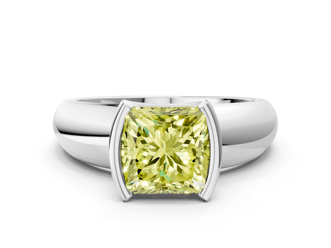 White gold Fancy Yellow Princess  Solitaire Tension Set Diamond Ring with Wide Band