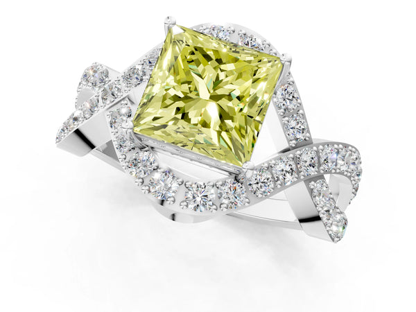 Platinum Fancy Yellow Princess  Solitaire Twist Band Pavé Diamond Engagement Ring