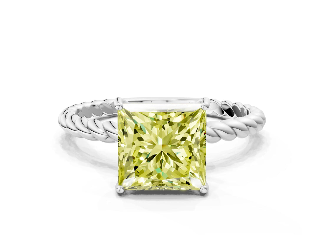 White gold Fancy Yellow Princess  Solitaire Twist Band Ring with Four-Prong Setting_136
