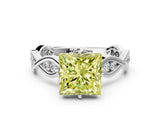 White gold Fancy Yellow Princess  Solitaire Twist Band with Leaf Prong Setting