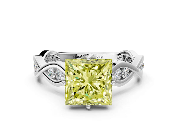 White Gold Princess Cut Accented Twist Engagement Ring Setting for Fancy Yellow Center