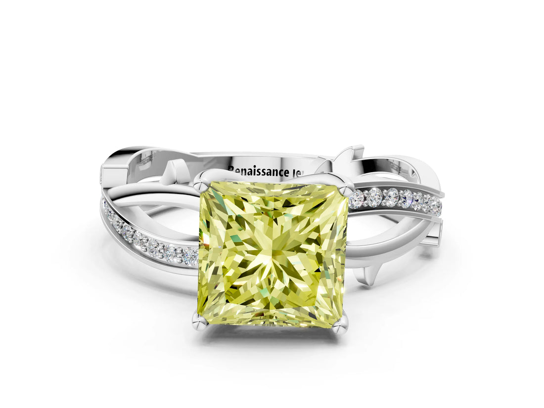 White gold Fancy Yellow Princess  Solitaire Twist Band with Pavé Accents and Four-Prong Setting_20