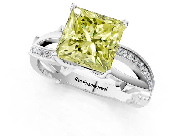 White gold Fancy Yellow Princess  Solitaire Twist Band with Pavé Accents and Four-Prong Setting