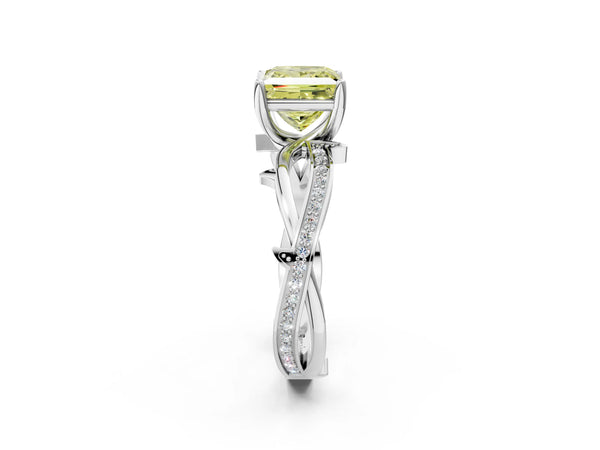 White gold Fancy Yellow Princess  Solitaire Twist Band with Pavé Accents and Four-Prong Setting