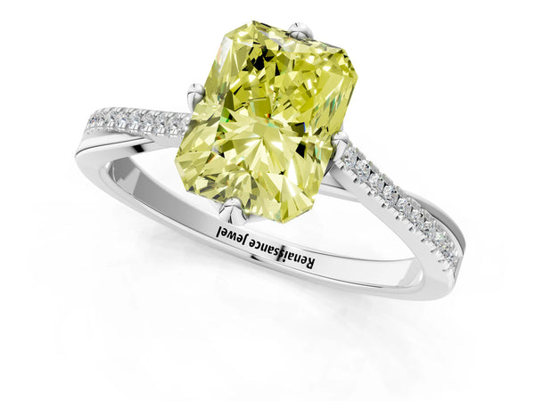 White gold Fancy Yellow Princess  Solitaire Twist Band with Pavé Diamonds and Four-Prong Setting