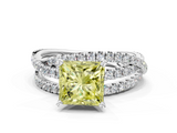 White gold Fancy Yellow Princess  Solitaire Twist Band with Pavé Setting and Four-Prong Setting