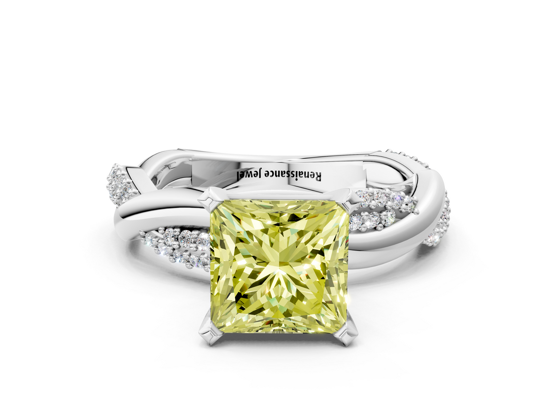 White gold Fancy Yellow Princess  Solitaire Twist Band with Pave Prong Setting