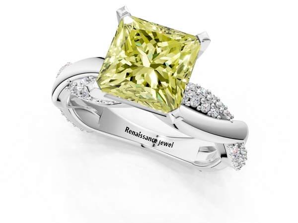 White gold Fancy Yellow Princess  Solitaire Twist Band with Pave Prong Setting