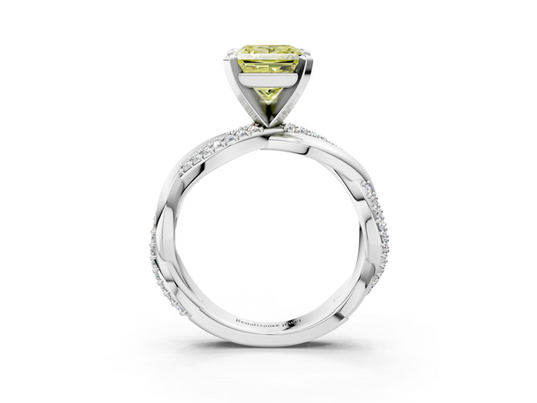 White gold Fancy Yellow Princess  Solitaire Twist Band with Pave Prong Setting