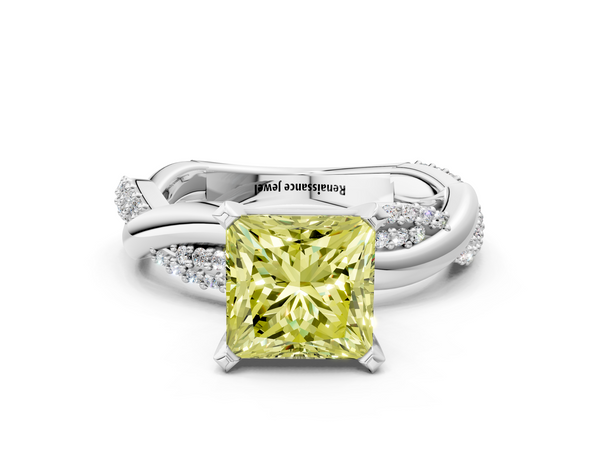 White gold Fancy Yellow Princess  Solitaire Twist Band with Pave Prong Setting