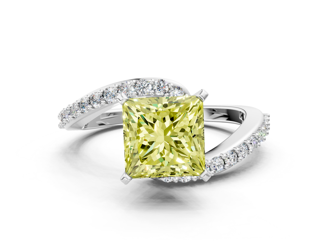 White gold Fancy Yellow Princess  Solitaire Twist Band with Pave Set Diamonds and Four-Prong Setting