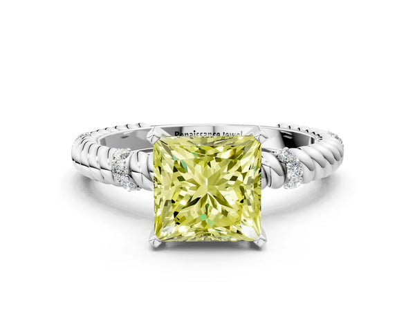 White gold Fancy Yellow Princess  Solitaire Twisted Band Prong Set Engagement Ring