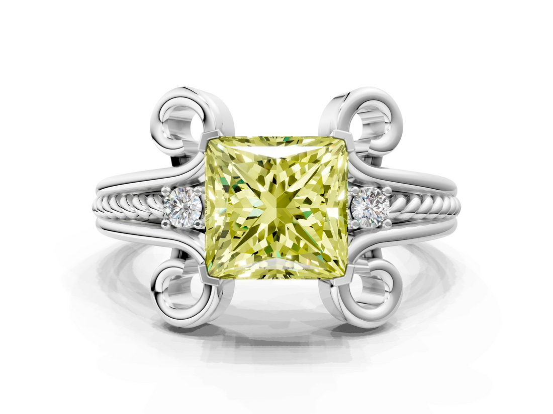 White gold Fancy Yellow Princess  Solitaire Twisted Band Scroll Prong Ring_3
