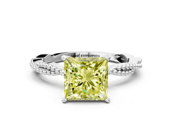 White gold Fancy Yellow Princess  Solitaire Twisted Band with Bead Prong Setting