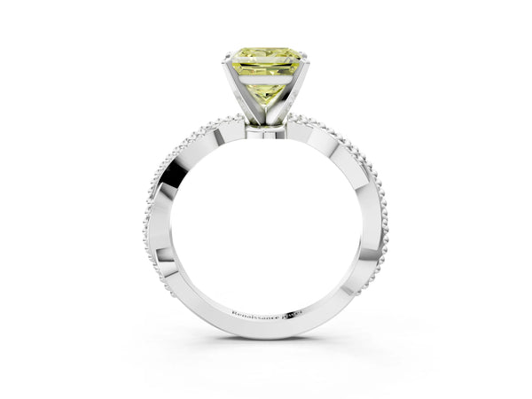 White gold Fancy Yellow Princess  Solitaire Twisted Band with Bead Prong Setting
