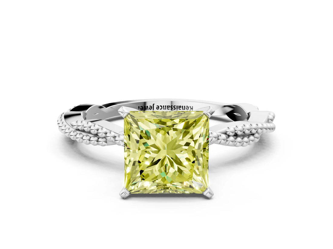 White gold Fancy Yellow Princess  Solitaire Twisted Band with Bead Prong Setting_53