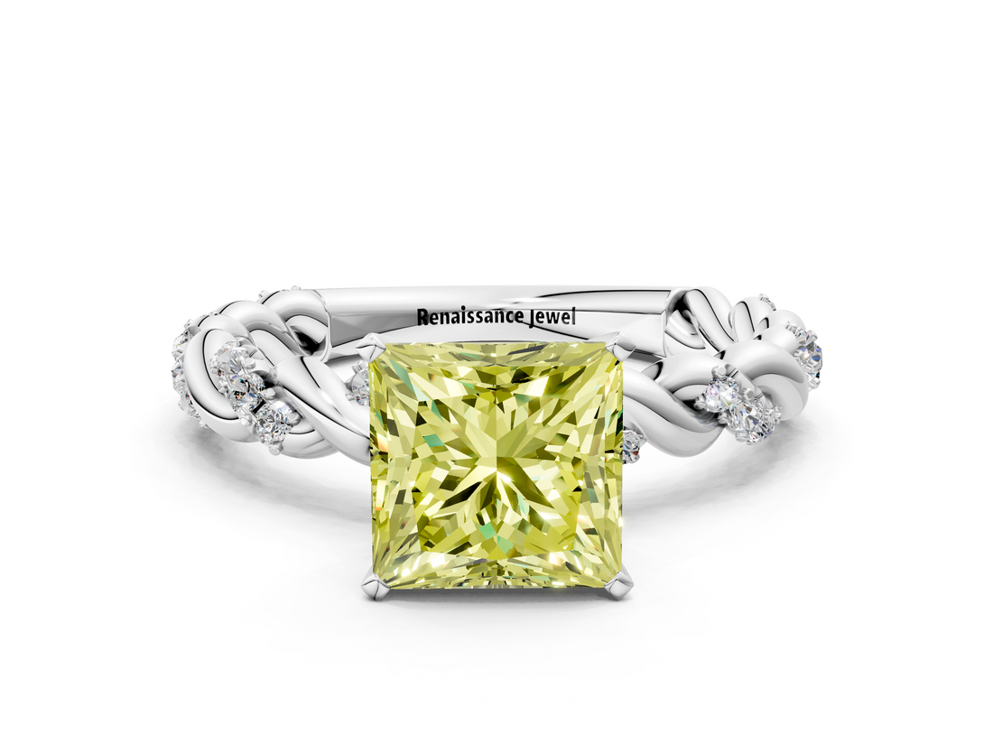 White gold Fancy Yellow Princess  Solitaire Twisted Band with Pavé Accents and Four-Prong Setting