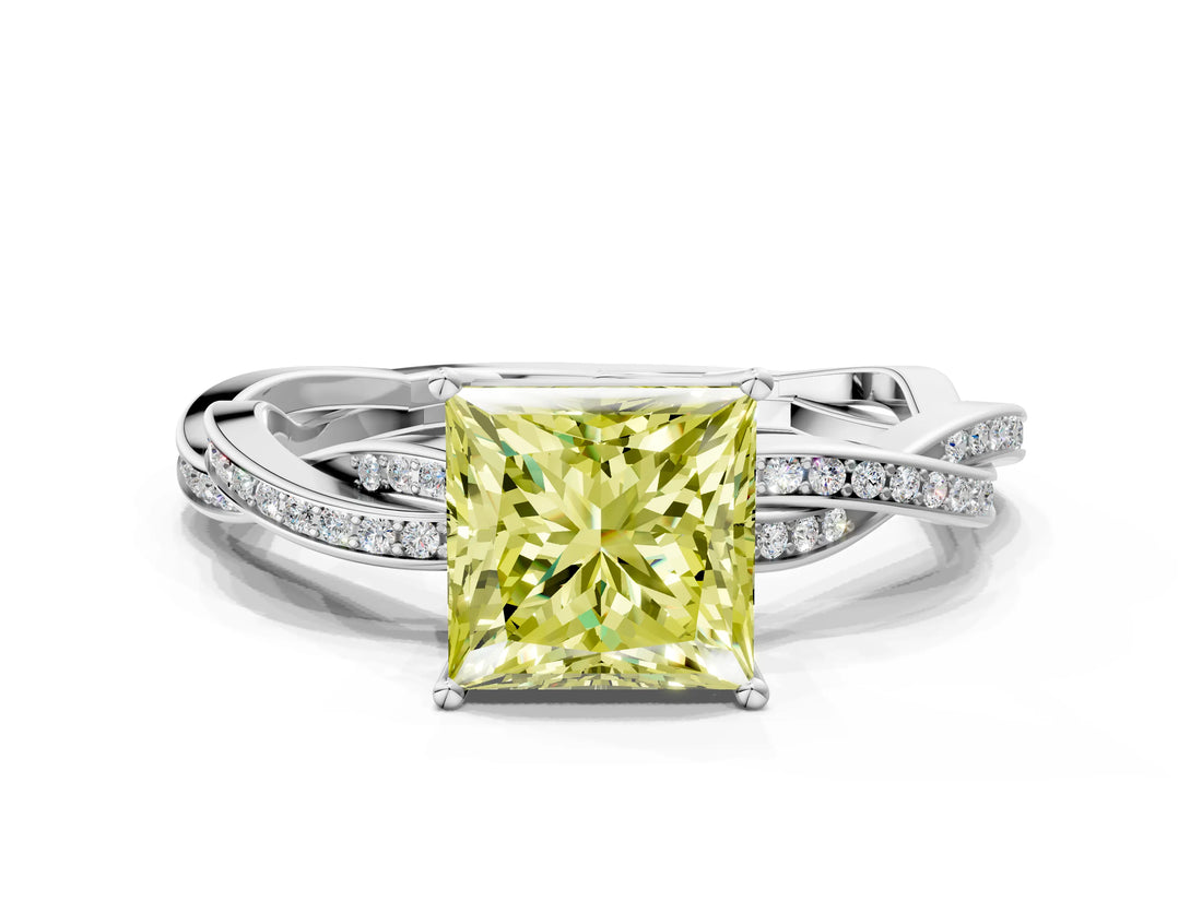 White gold Fancy Yellow Princess  Solitaire Twisted Pave Diamond Ring with Four-Prong Setting_164